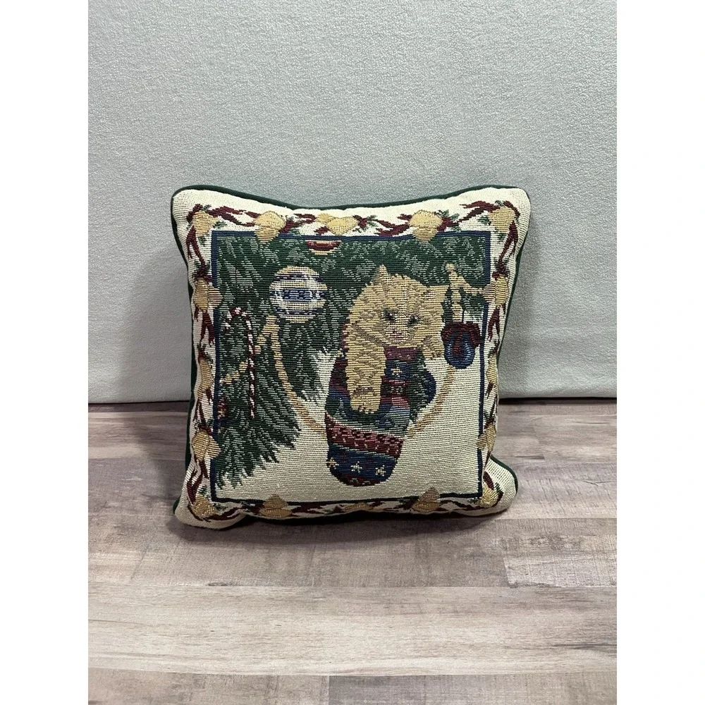 Vintage Kitty Christmas Tapestry Pillow Holiday Cat Stocking Tree